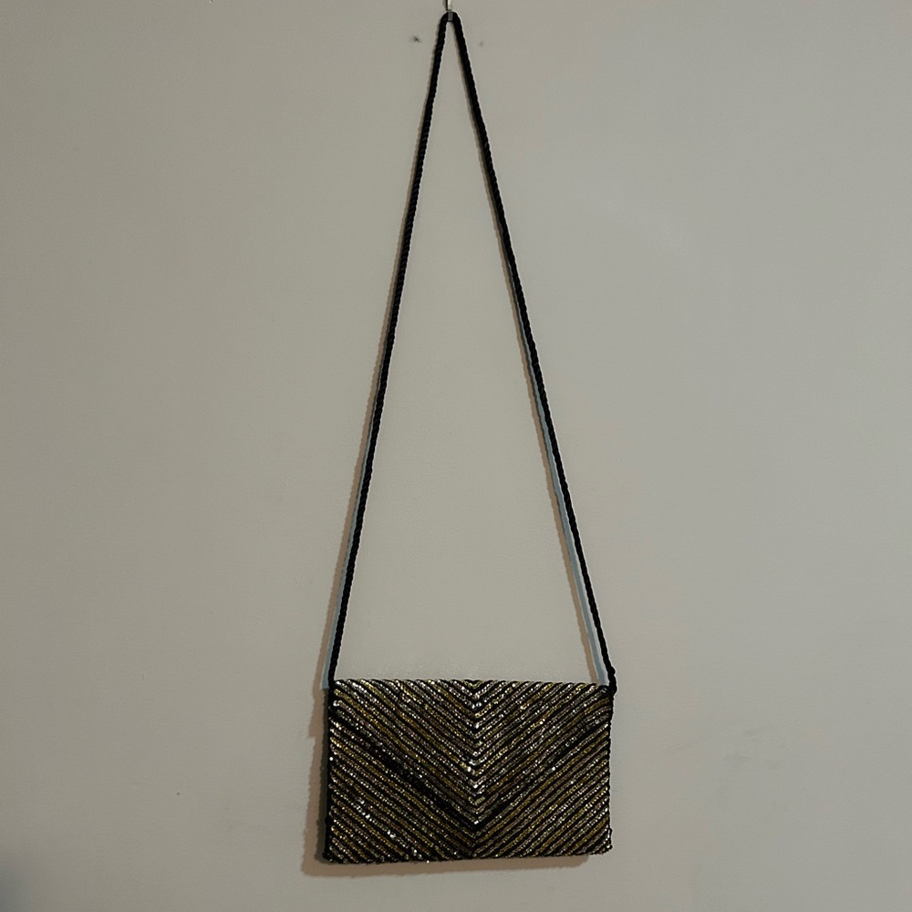 Sequined Black Satin Envelope Clutch w. Strap Evening Bag Purse Fashion Imports